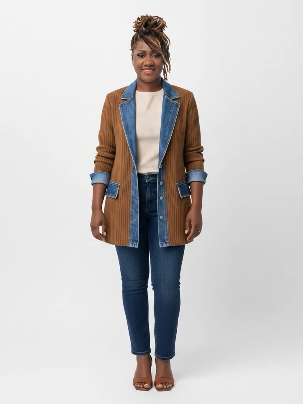 Women’s Brown Denim-Trim Jacket with Blue Jeans